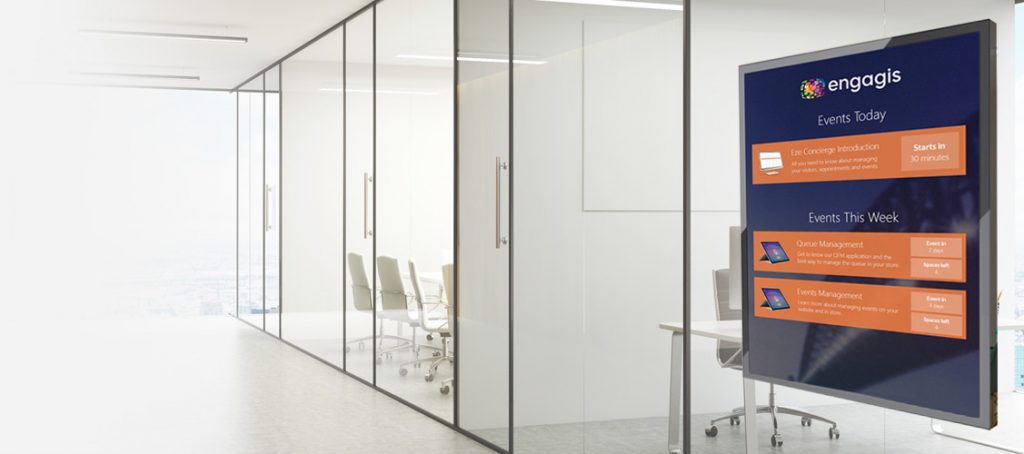 Modern Workplace 2 digital display in an office setting showing "today's events"