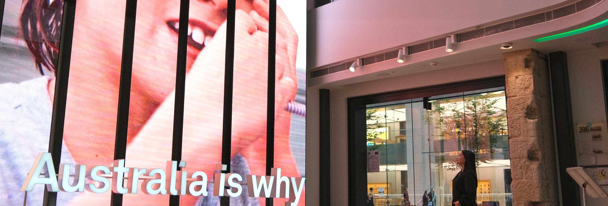 Inside the Telstra Discovery Store in Sydney where there are LED pillars