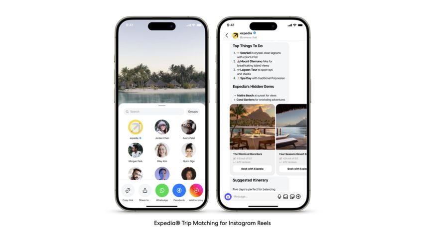Two smartphone screens showing Expedia Trip Matching for Instagram Reels, with a chat thread returning a Bora Bora itinerary and booking links